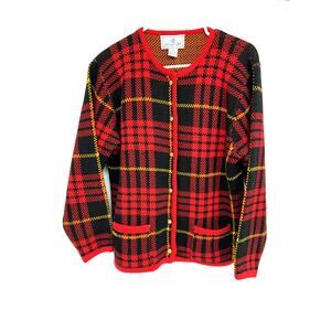 Chandler Hill Plaid Cardigan Red Black Button Up Long Sleeve Size M
